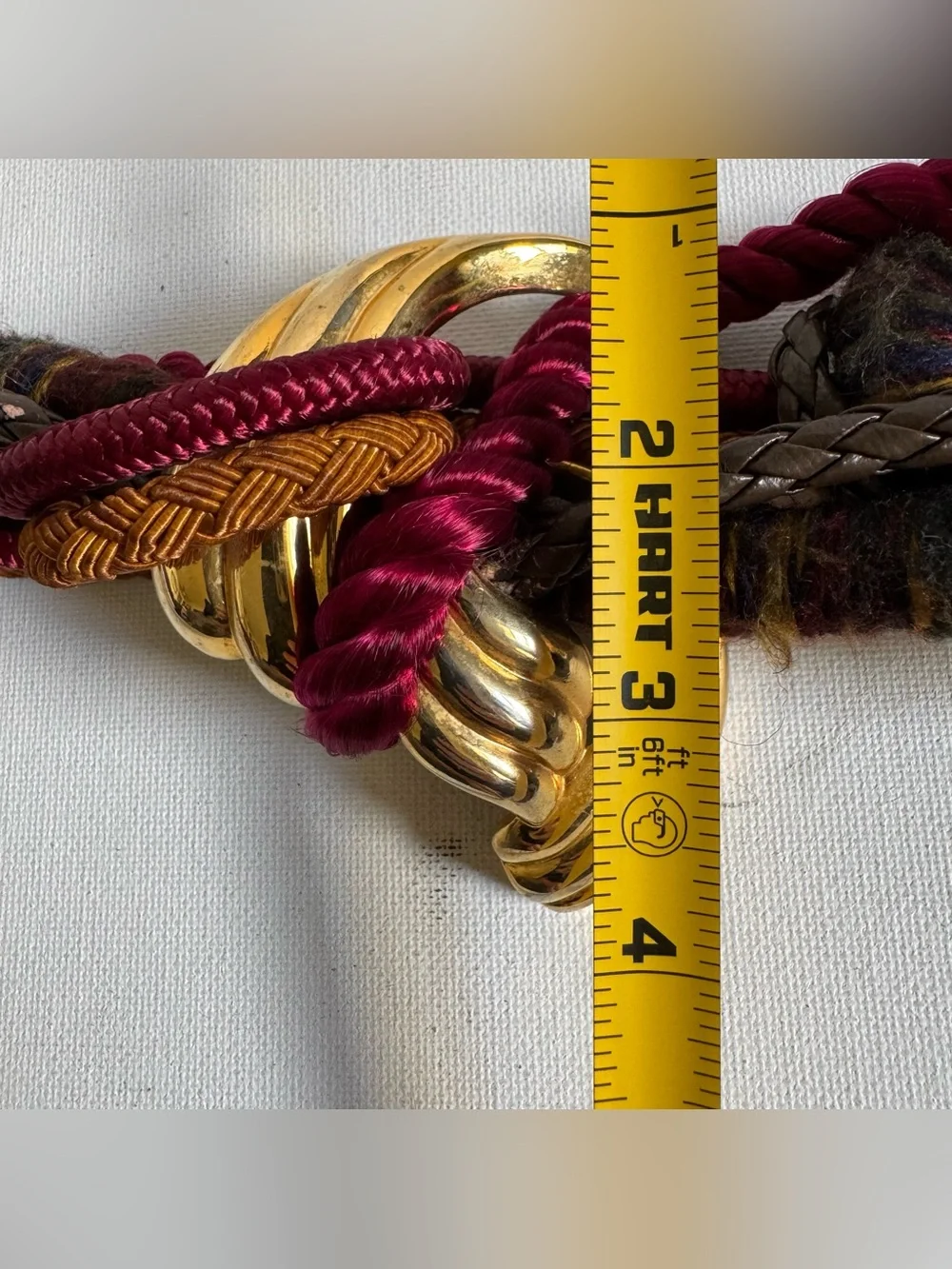 Vtg Burgundy Mixed Media Braided Woven Cord Belt Gold Tone Art To Wear Statement